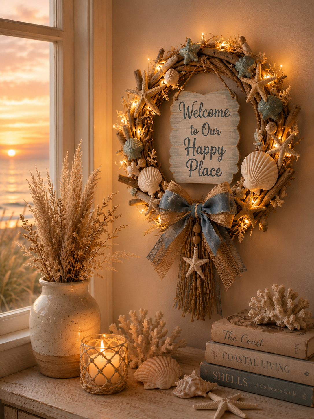 Lighted Coastal “Happy Place” Welcome Wreath