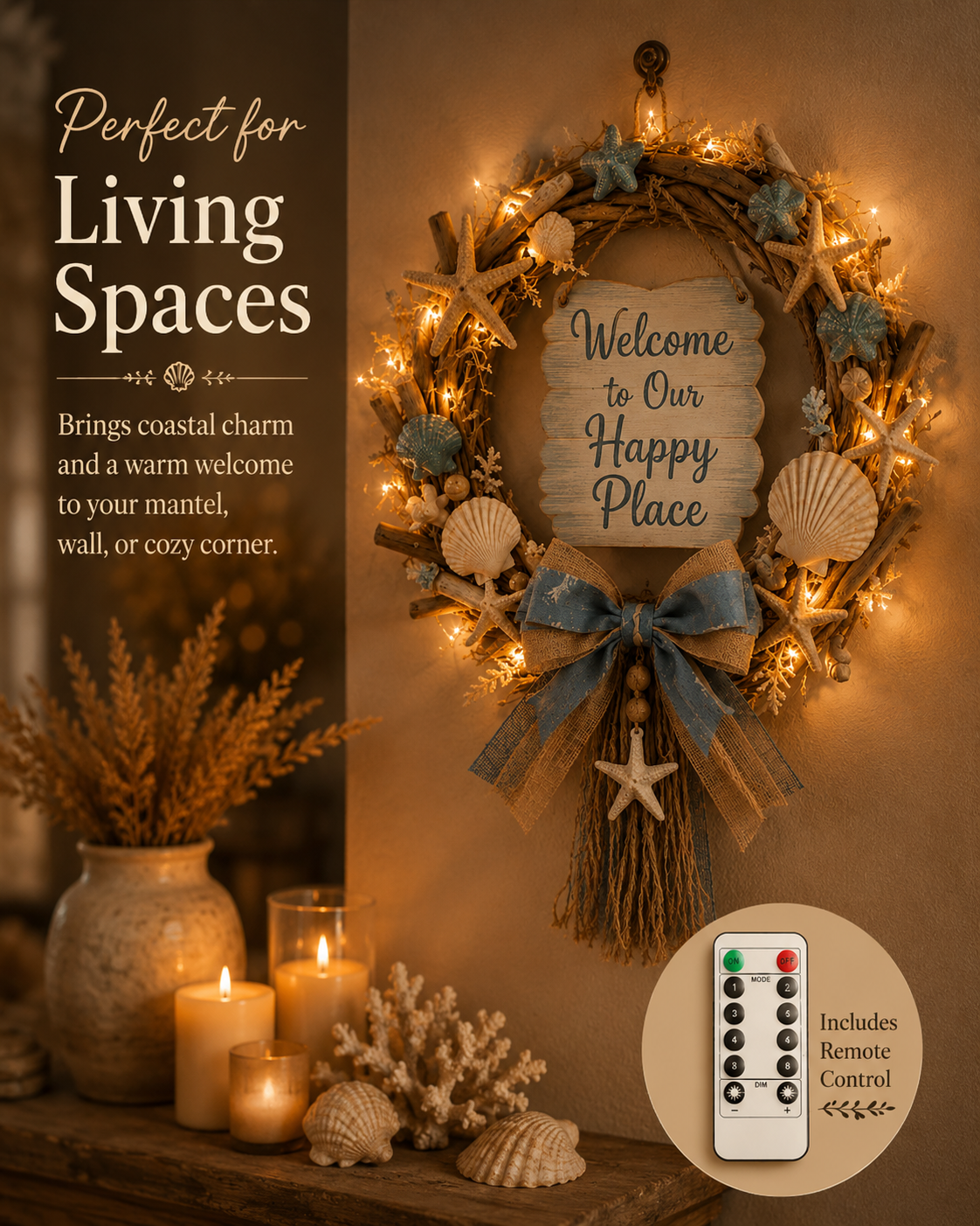 Lighted Coastal “Happy Place” Welcome Wreath