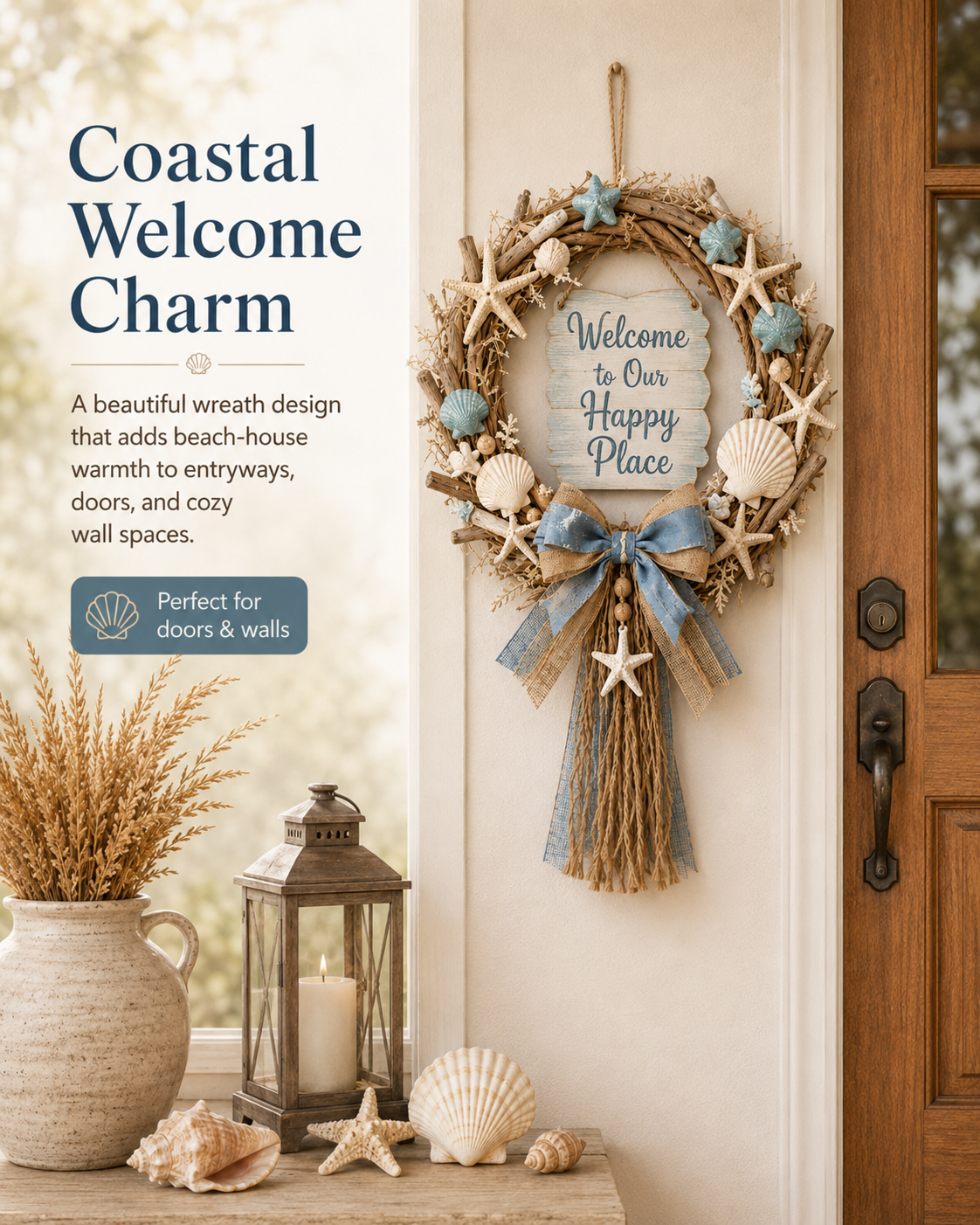 Lighted Coastal “Happy Place” Welcome Wreath