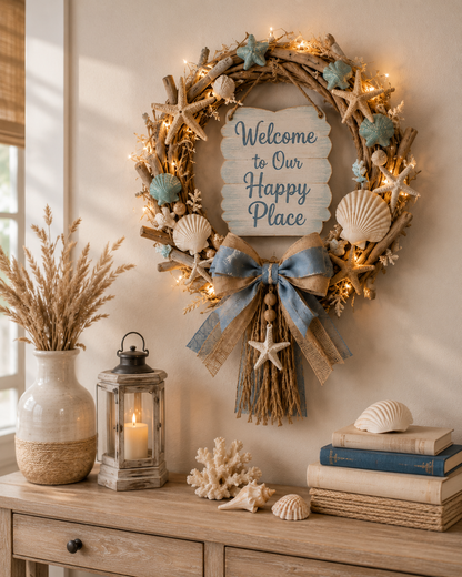 Lighted Coastal “Happy Place” Welcome Wreath