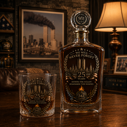 🕯️ 9/11 25th Anniversary Memorial Whiskey Decanter & Glass Gift Set – We Will Never Forget 343 Heroes Tribute
