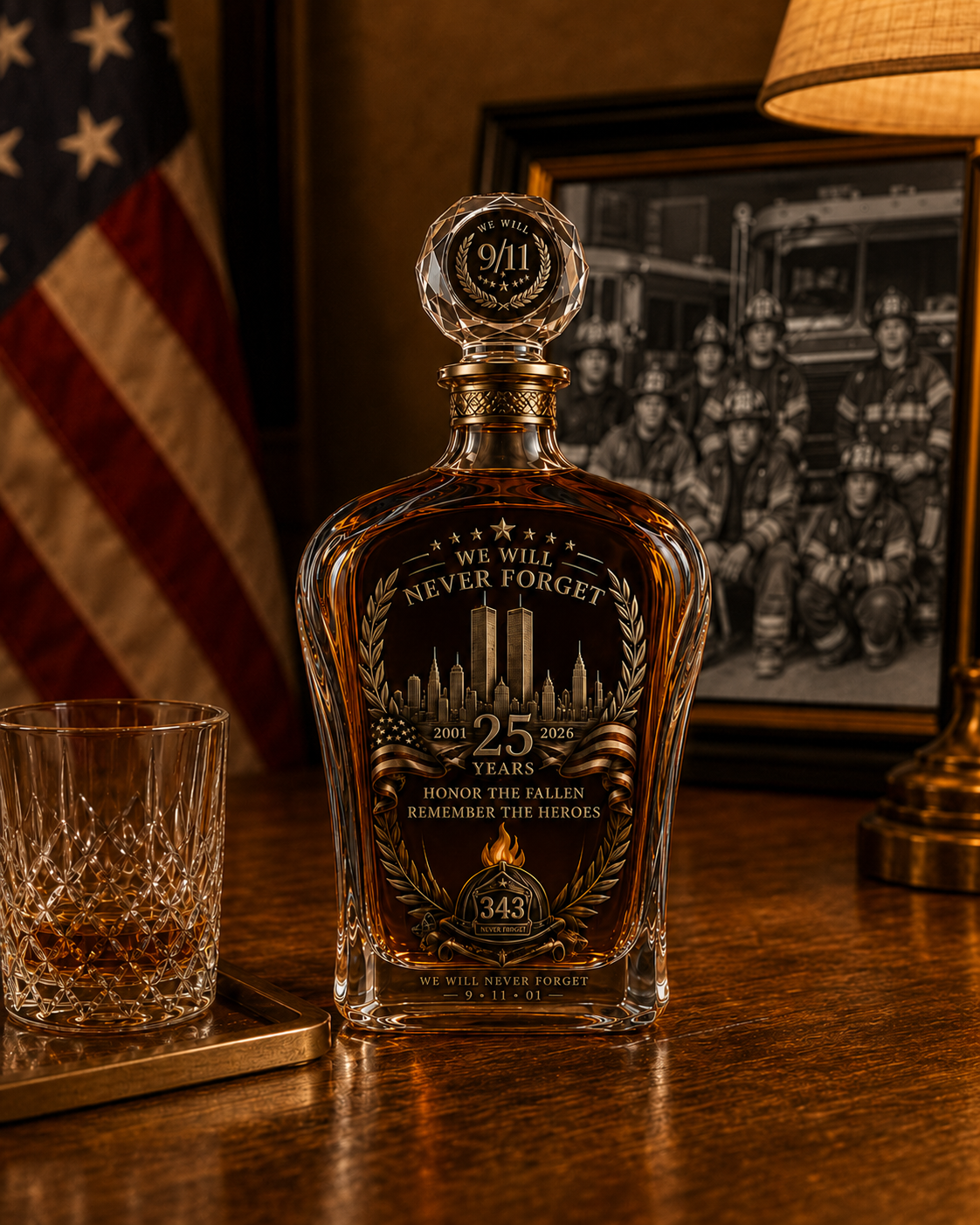 🕯️ 9/11 25th Anniversary Memorial Whiskey Decanter & Glass Gift Set – We Will Never Forget 343 Heroes Tribute