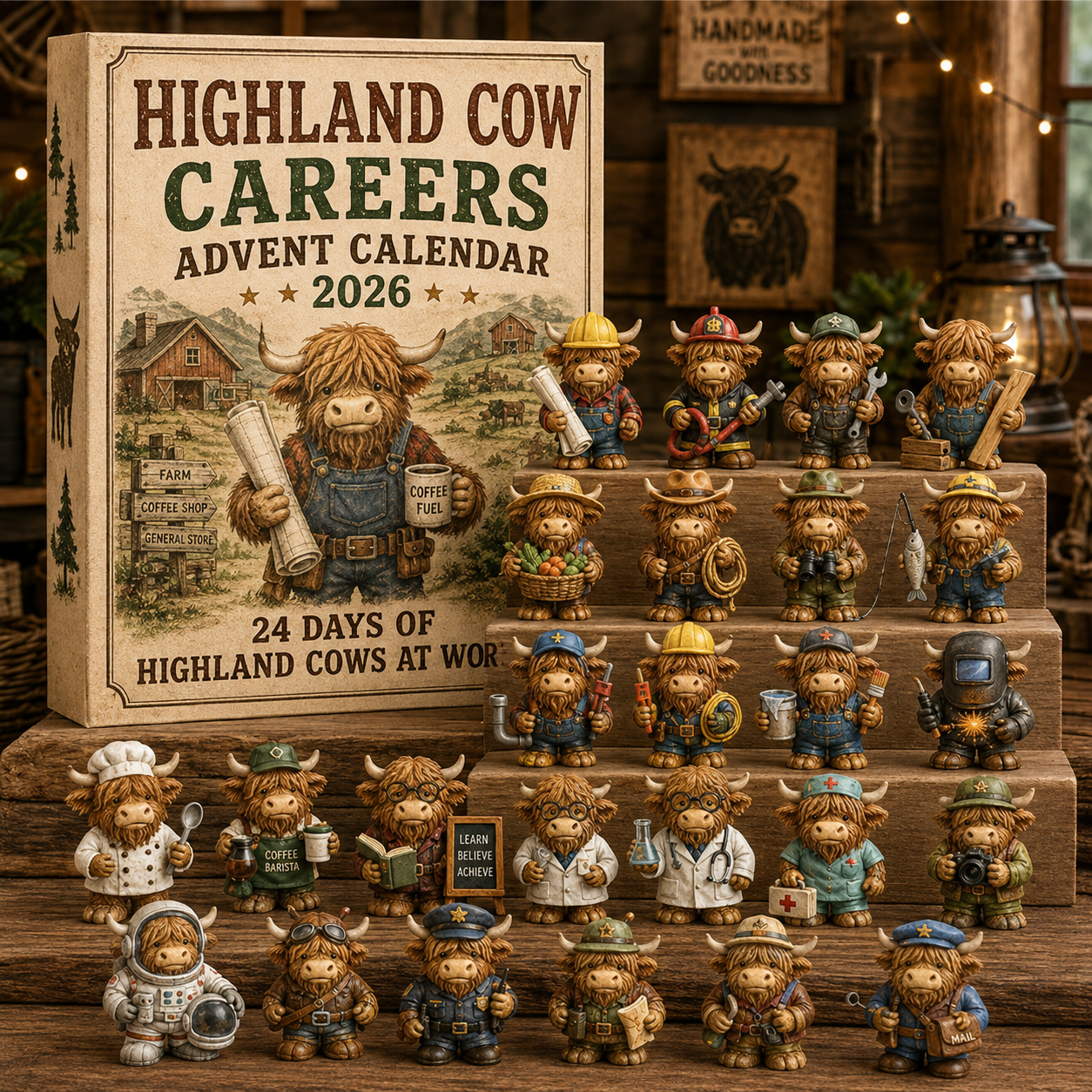 Highland Cow Careers Advent Calendar with a collection of career-themed cow figures