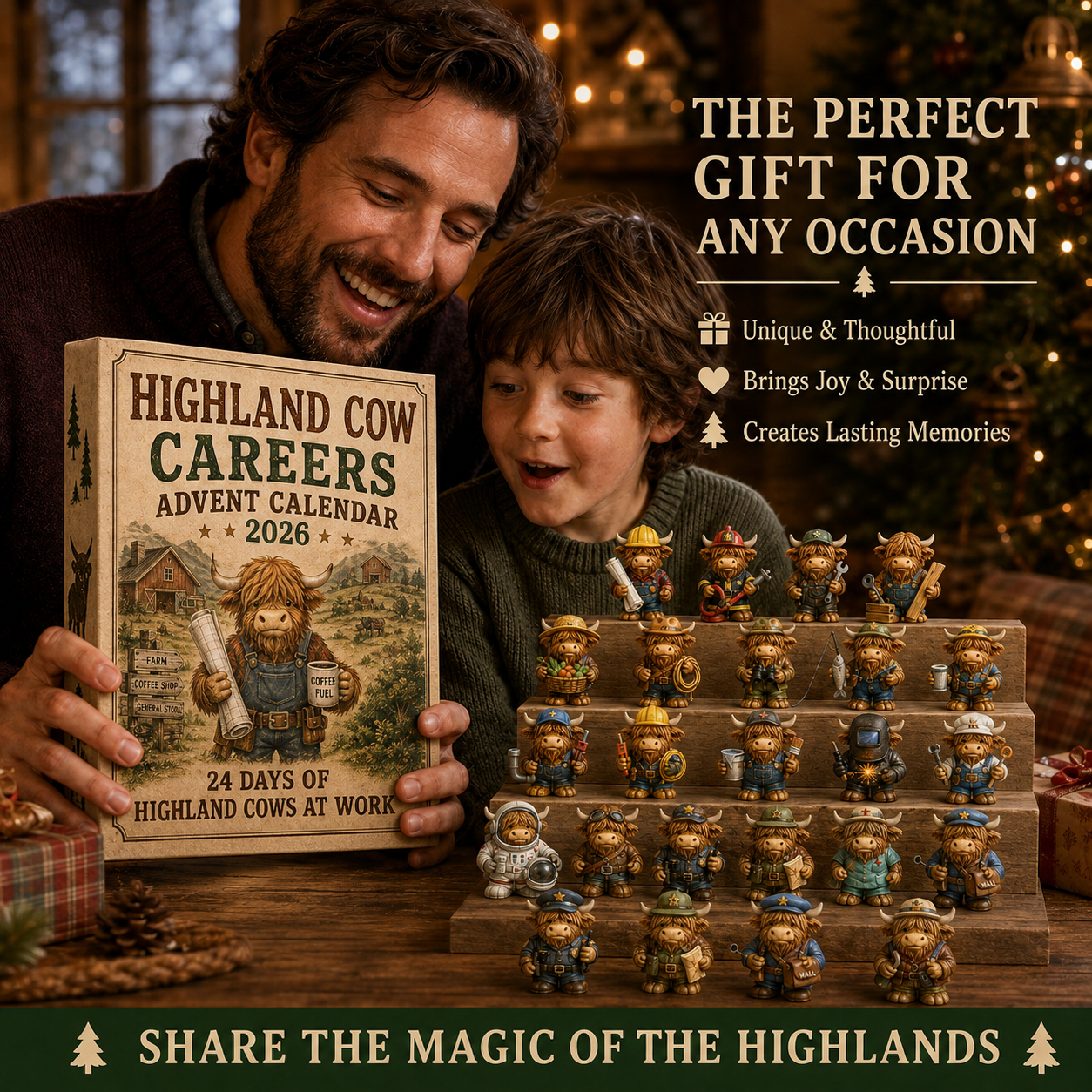 Highland Cow Advent Calendar shown in a family Christmas setting
