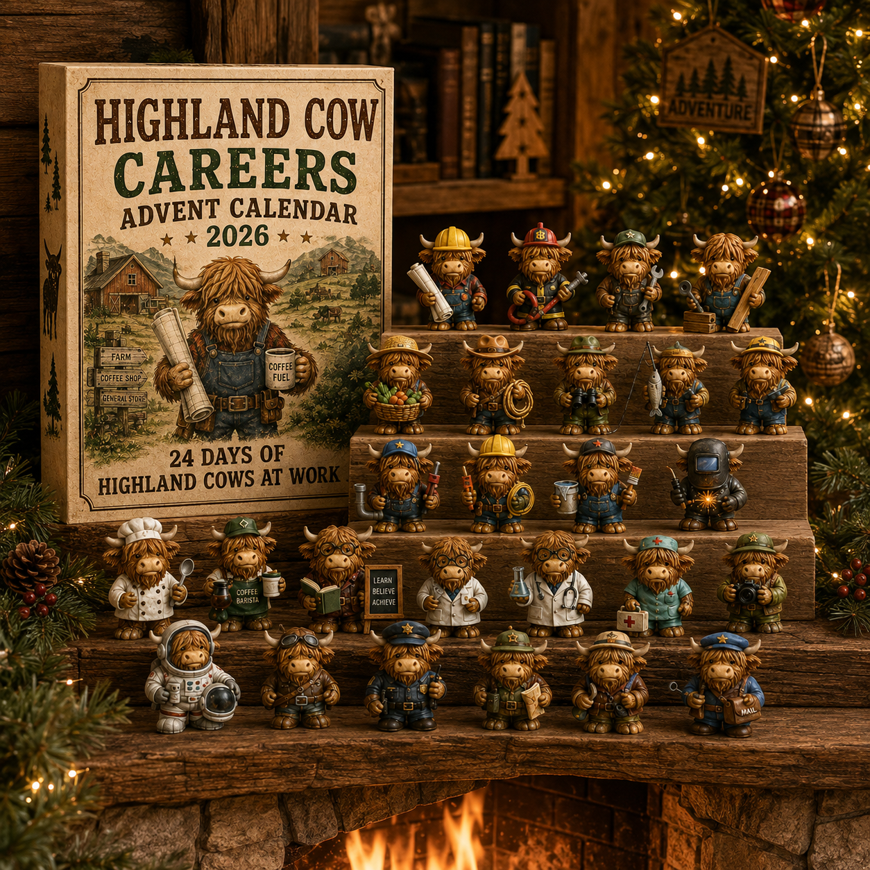 Career-themed Highland Cow figures arranged as a complete Christmas collection