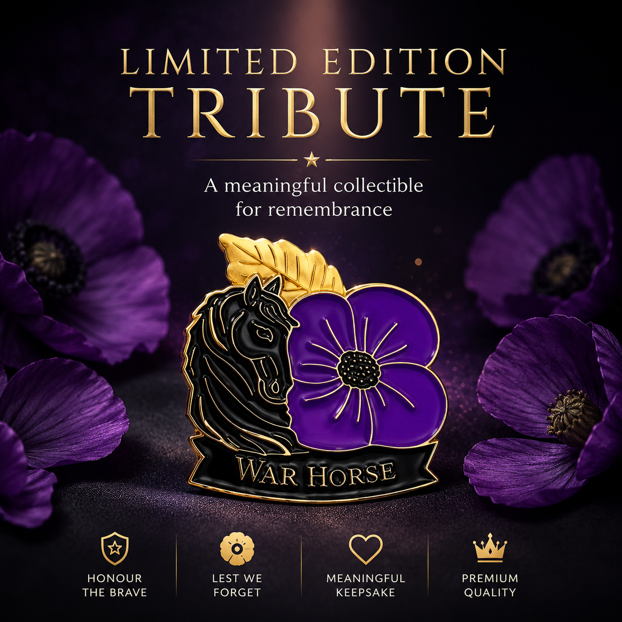 Limited Edition 50% Off - War Horse Purple Poppy 111th Anniversary Remembrance Brooch