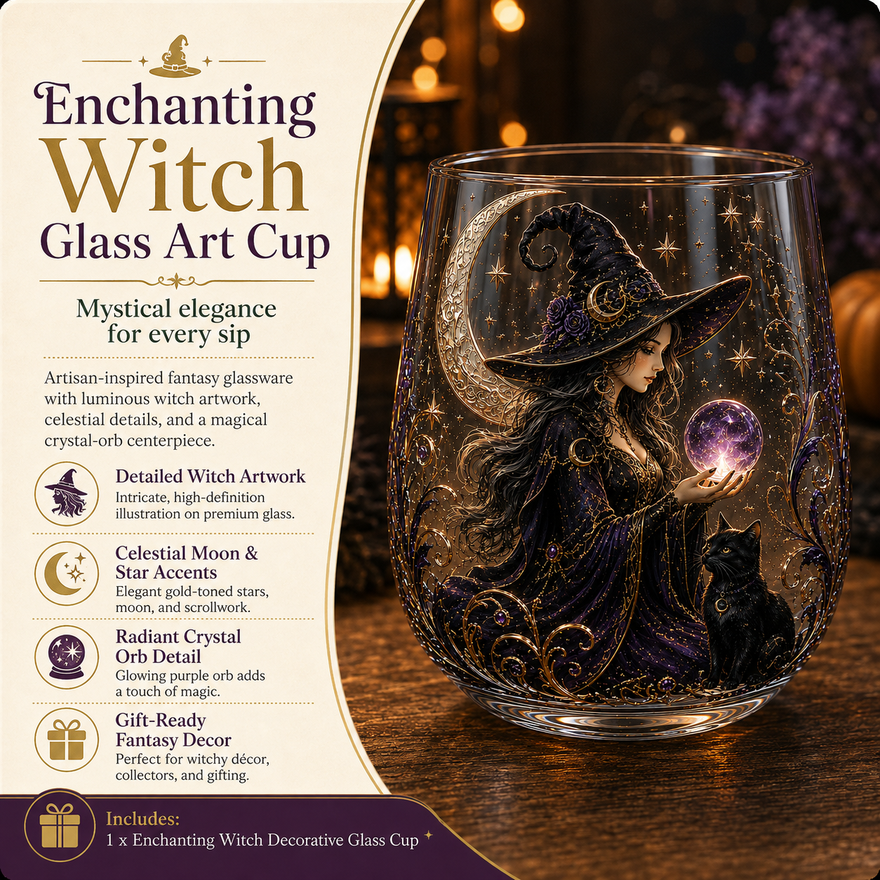 🧙‍♀️🔮 Enchanting Witch Glass Art Cup | Mystical Raised Fantasy Glassware for Wine, Witchy Home Décor & Magical Gifts 🎁