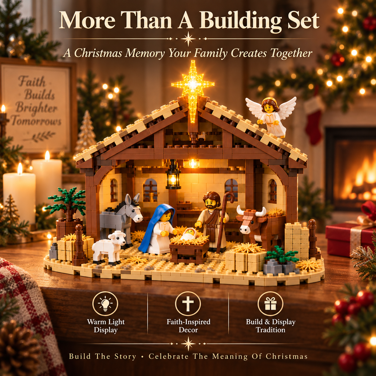 Family building the Nativity Story block set together at Christmas
