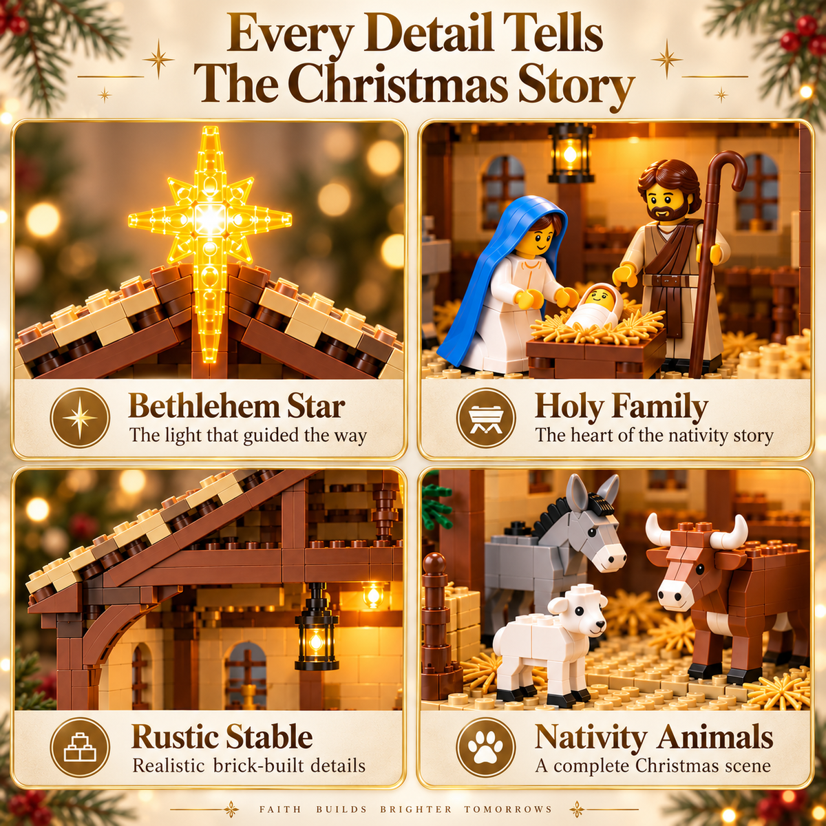 Close view of the Holy Family, angel, animals and stable details in the building set
