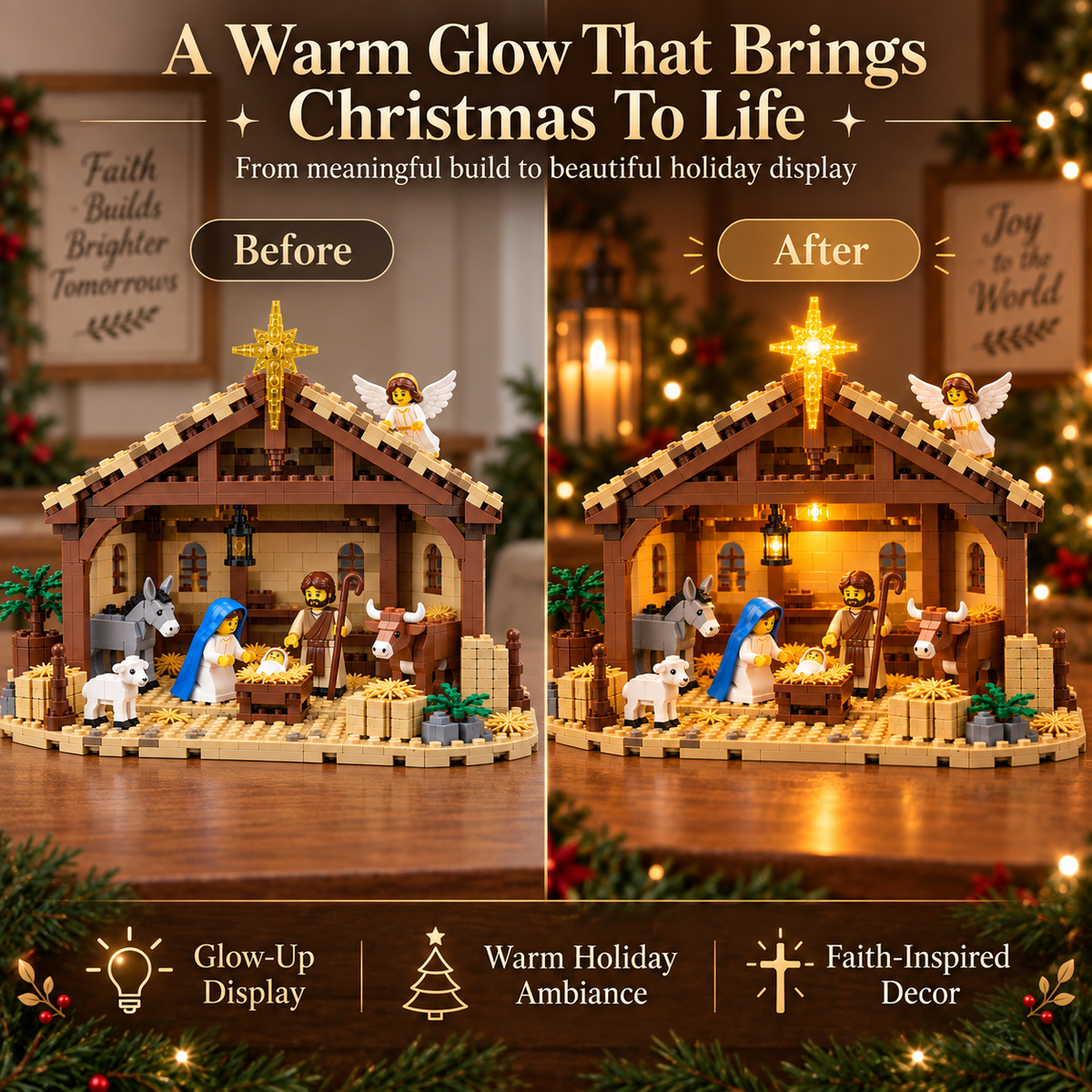 Completed Nativity building block scene glowing as a warm Christmas display