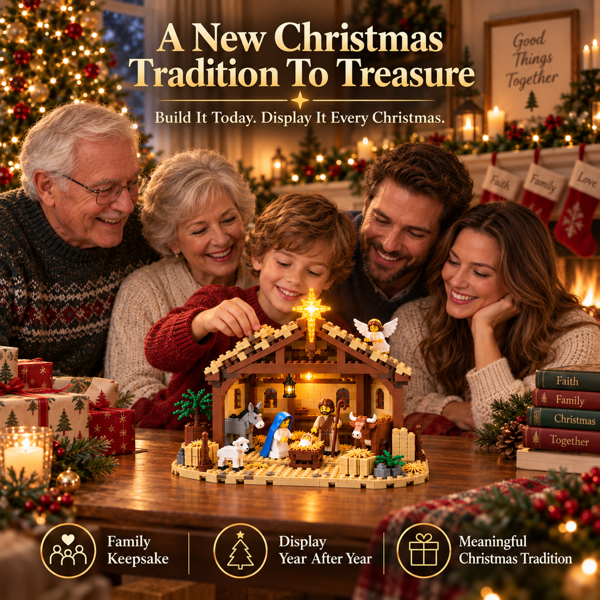 The Nativity Story Building Block Set displayed as a complete Christmas scene