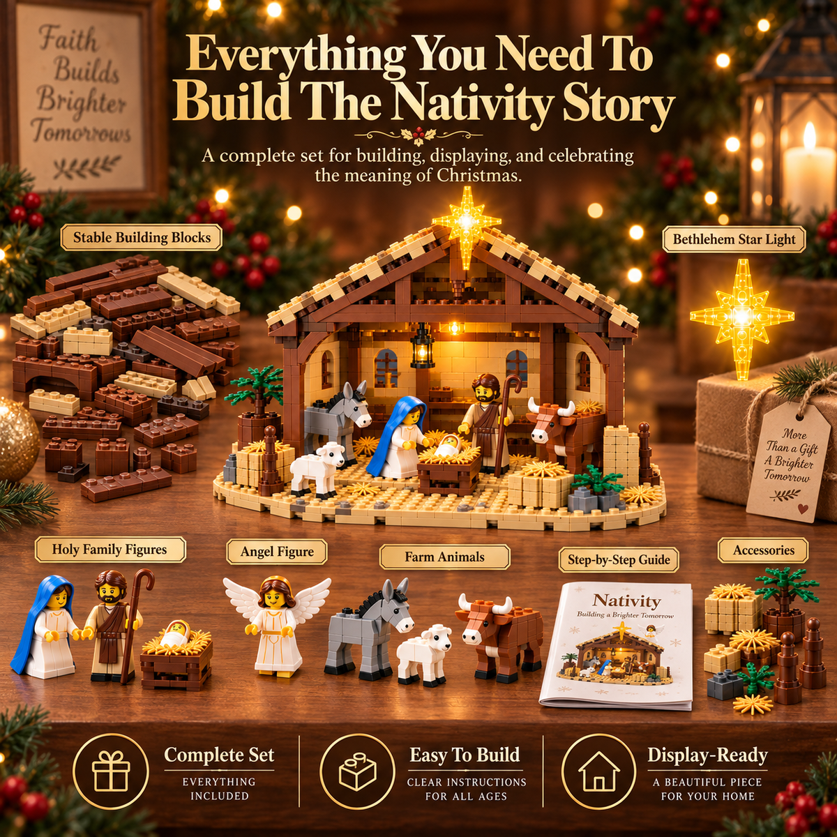 Overview of the pieces and characters included in the Nativity Story Building Block Set