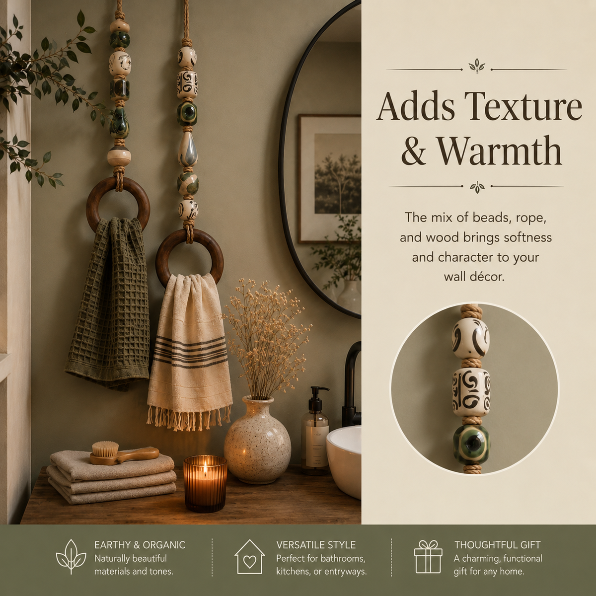 Decorative towel ring used in a laundry or guest space