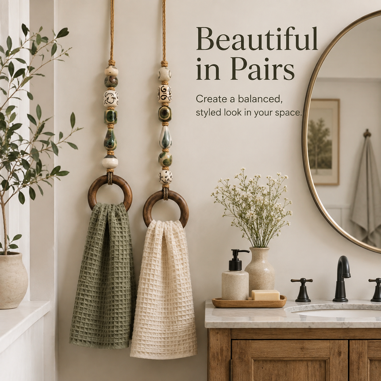 Decorative beaded towel hangers styled beside a bathroom vanity