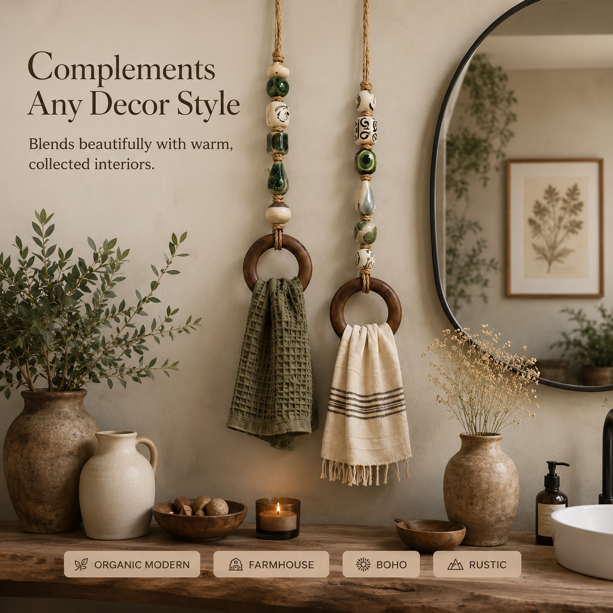 Sage Meadow and Ivory Grove decorative beaded towel hangers displayed together
