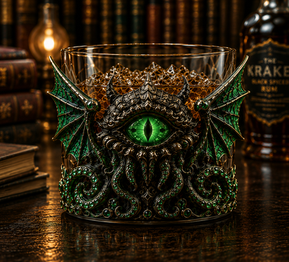 🐙👁️ Cthulhu Mythos 3D Eldritch Eye Whiskey Glass | Raised Tentacle Art, Gothic Collector Drinkware & Dark Fantasy Gift 🎁