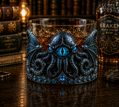 🐙👁️ Cthulhu Mythos 3D Eldritch Eye Whiskey Glass | Raised Tentacle Art, Gothic Collector Drinkware & Dark Fantasy Gift 🎁