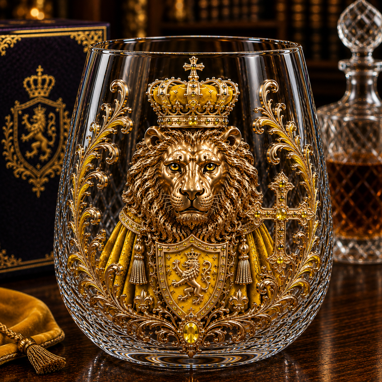 👑🦁 3D Royal Lion Glass Art Cup | Luxury Raised Whiskey Glass with Crowned Lion Design, Collectible Barware & Gift for Whiskey Lovers