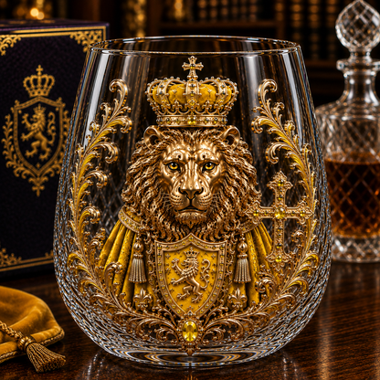 👑🦁 3D Royal Lion Glass Art Cup | Luxury Raised Whiskey Glass with Crowned Lion Design, Collectible Barware & Gift for Whiskey Lovers