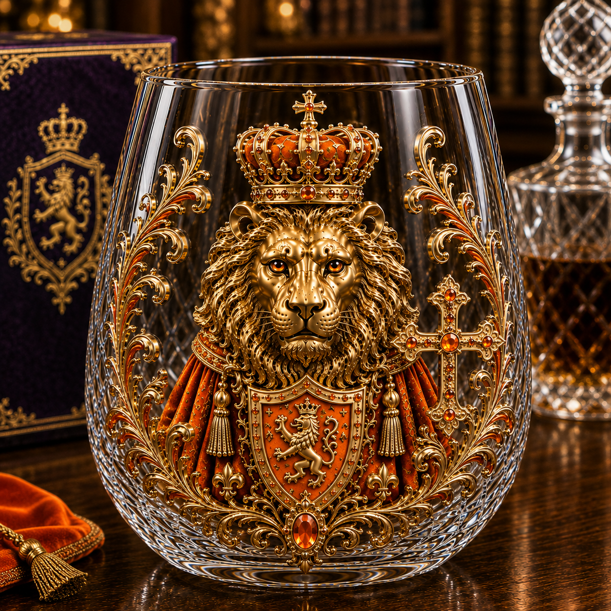 👑🦁 3D Royal Lion Glass Art Cup | Luxury Raised Whiskey Glass with Crowned Lion Design, Collectible Barware & Gift for Whiskey Lovers