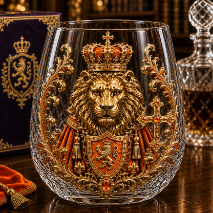 👑🦁 3D Royal Lion Glass Art Cup | Luxury Raised Whiskey Glass with Crowned Lion Design, Collectible Barware & Gift for Whiskey Lovers