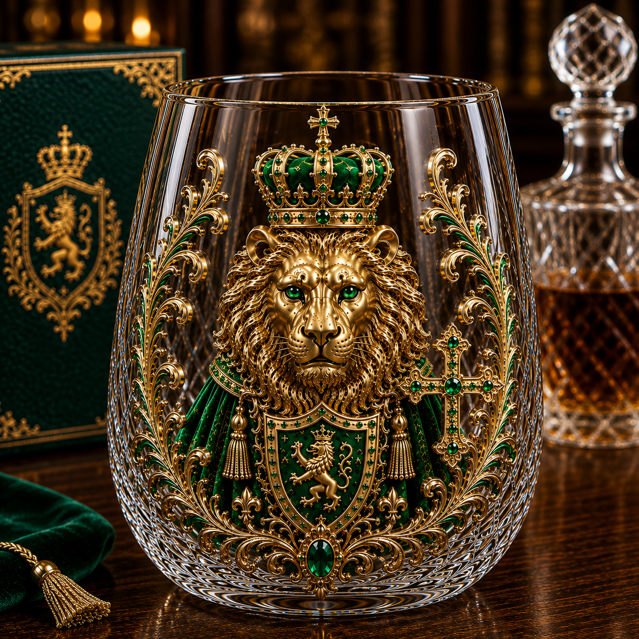 👑🦁 3D Royal Lion Glass Art Cup | Luxury Raised Whiskey Glass with Crowned Lion Design, Collectible Barware & Gift for Whiskey Lovers