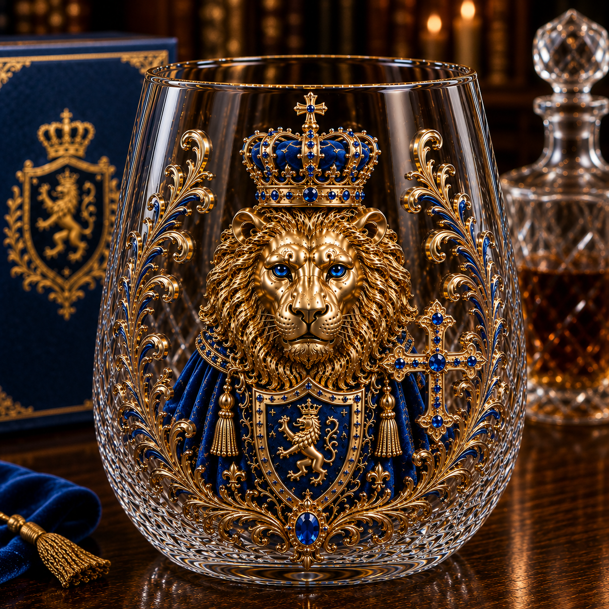 👑🦁 3D Royal Lion Glass Art Cup | Luxury Raised Whiskey Glass with Crowned Lion Design, Collectible Barware & Gift for Whiskey Lovers