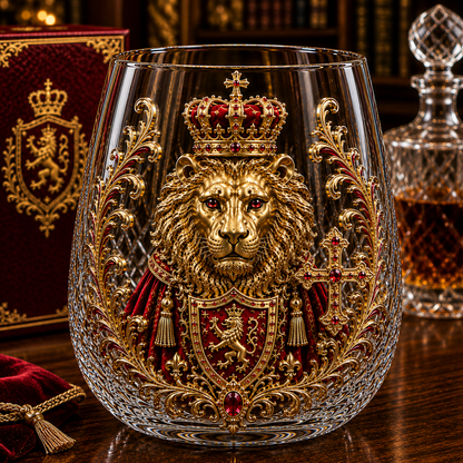👑🦁 3D Royal Lion Glass Art Cup | Luxury Raised Whiskey Glass with Crowned Lion Design, Collectible Barware & Gift for Whiskey Lovers