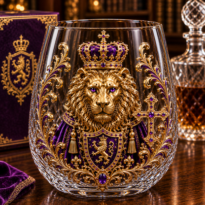 👑🦁 3D Royal Lion Glass Art Cup | Luxury Raised Whiskey Glass with Crowned Lion Design, Collectible Barware & Gift for Whiskey Lovers