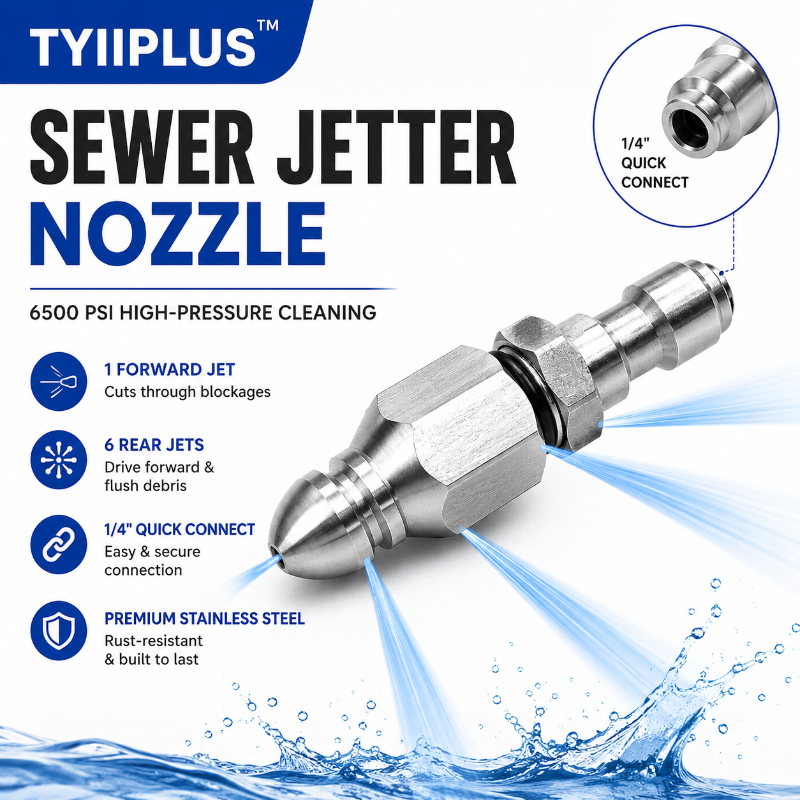 6500 PSI Stainless Steel Sewer Jetter Nozzle – 1/4" Quick Connect Drain Cleaning Attachment for Pressure Washers