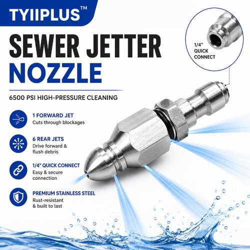 6500 PSI Stainless Steel Sewer Jetter Nozzle – 1/4" Quick Connect Drain Cleaning Attachment for Pressure Washers