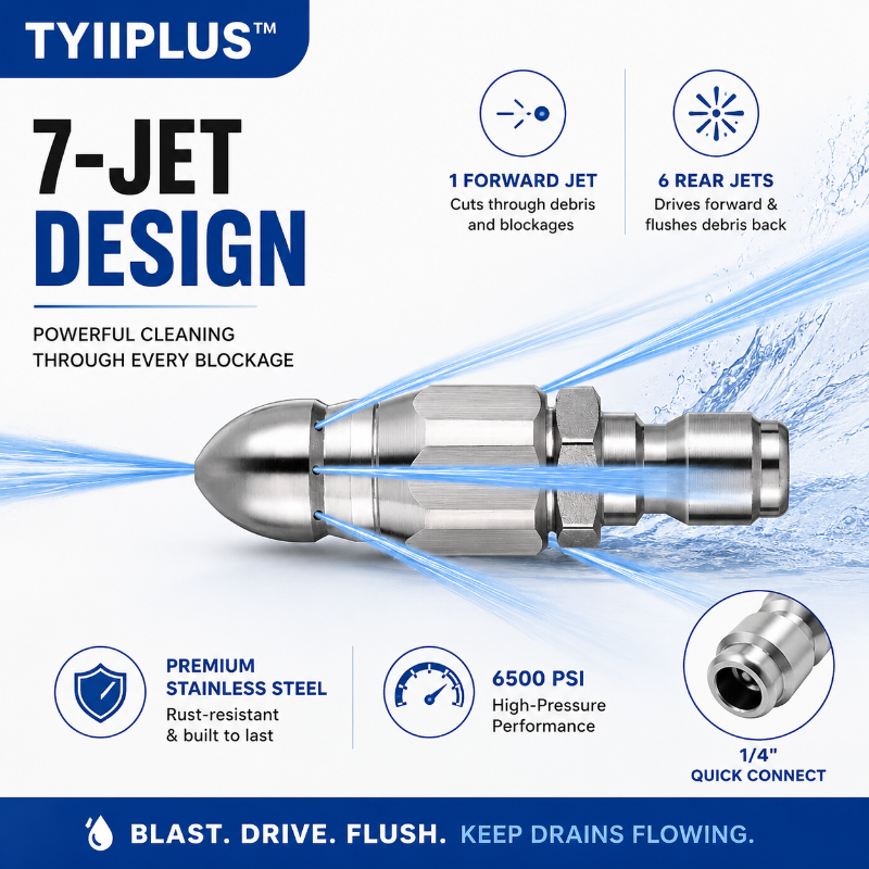 6500 PSI Stainless Steel Sewer Jetter Nozzle – 1/4" Quick Connect Drain Cleaning Attachment for Pressure Washers