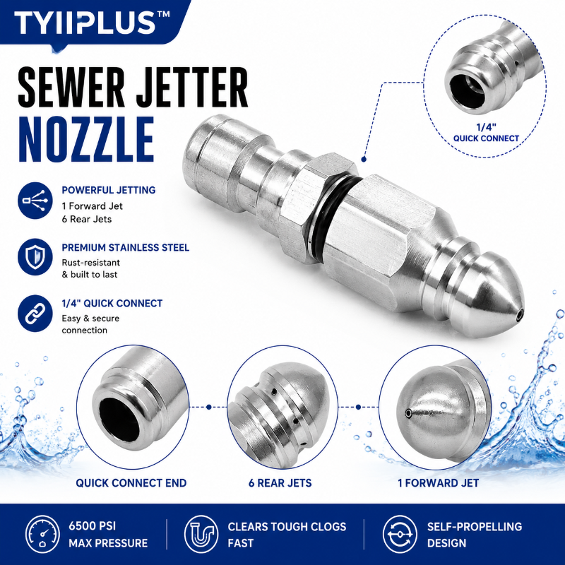6500 PSI Stainless Steel Sewer Jetter Nozzle – 1/4" Quick Connect Drain Cleaning Attachment for Pressure Washers