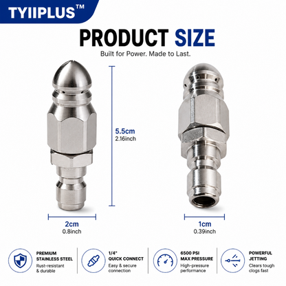 6500 PSI Stainless Steel Sewer Jetter Nozzle – 1/4" Quick Connect Drain Cleaning Attachment for Pressure Washers