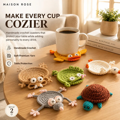🧶 CozyCritters | 🐾 Hand-Crocheted Animal Coasters for a Touch of Cozy Charm