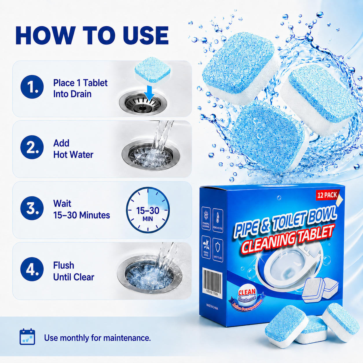 💥 50% OFF Today | Drain Cleaning Tablets 12 Pack 🫧 For Sinks, Showers & Washing Machines