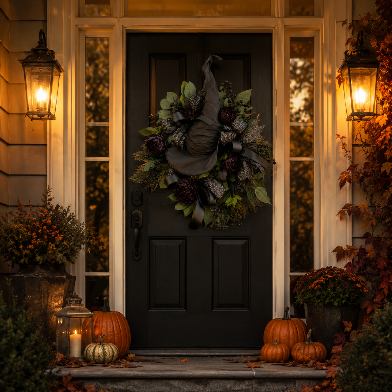 🧙Premium Gothic Black Rose Witch Hat Wreath – Haunting Elegant Halloween Front Door Statement Decor