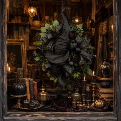 🧙Premium Gothic Black Rose Witch Hat Wreath – Haunting Elegant Halloween Front Door Statement Decor
