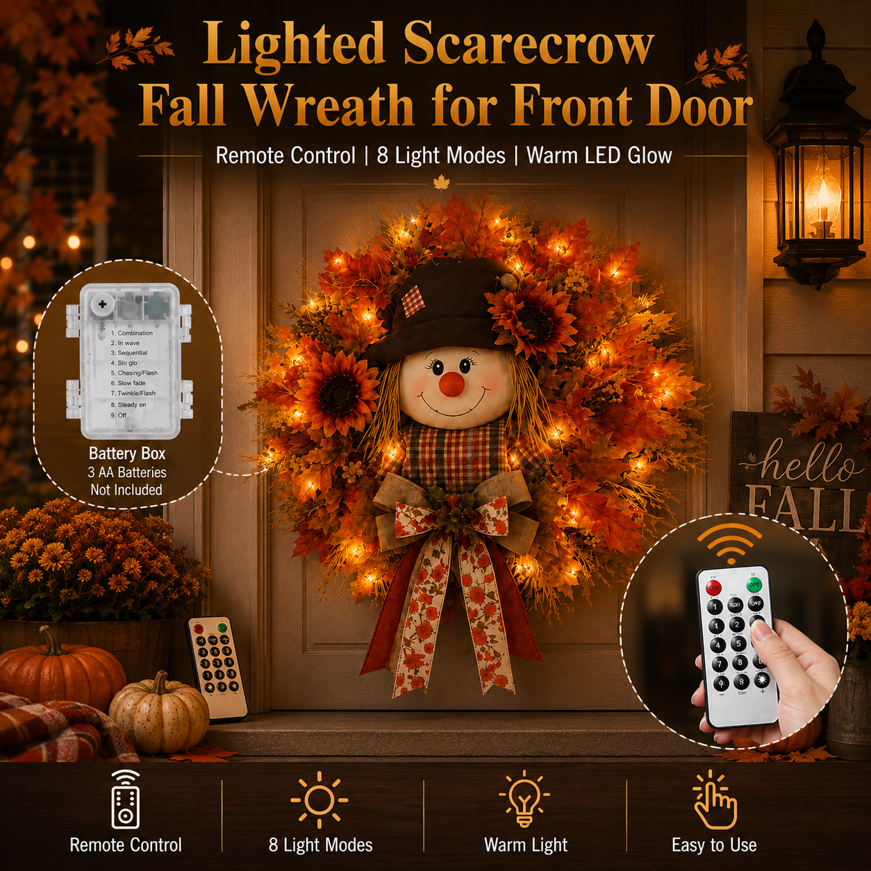 🍂🌻Lighted Scarecrow Fall Wreath for Front Door