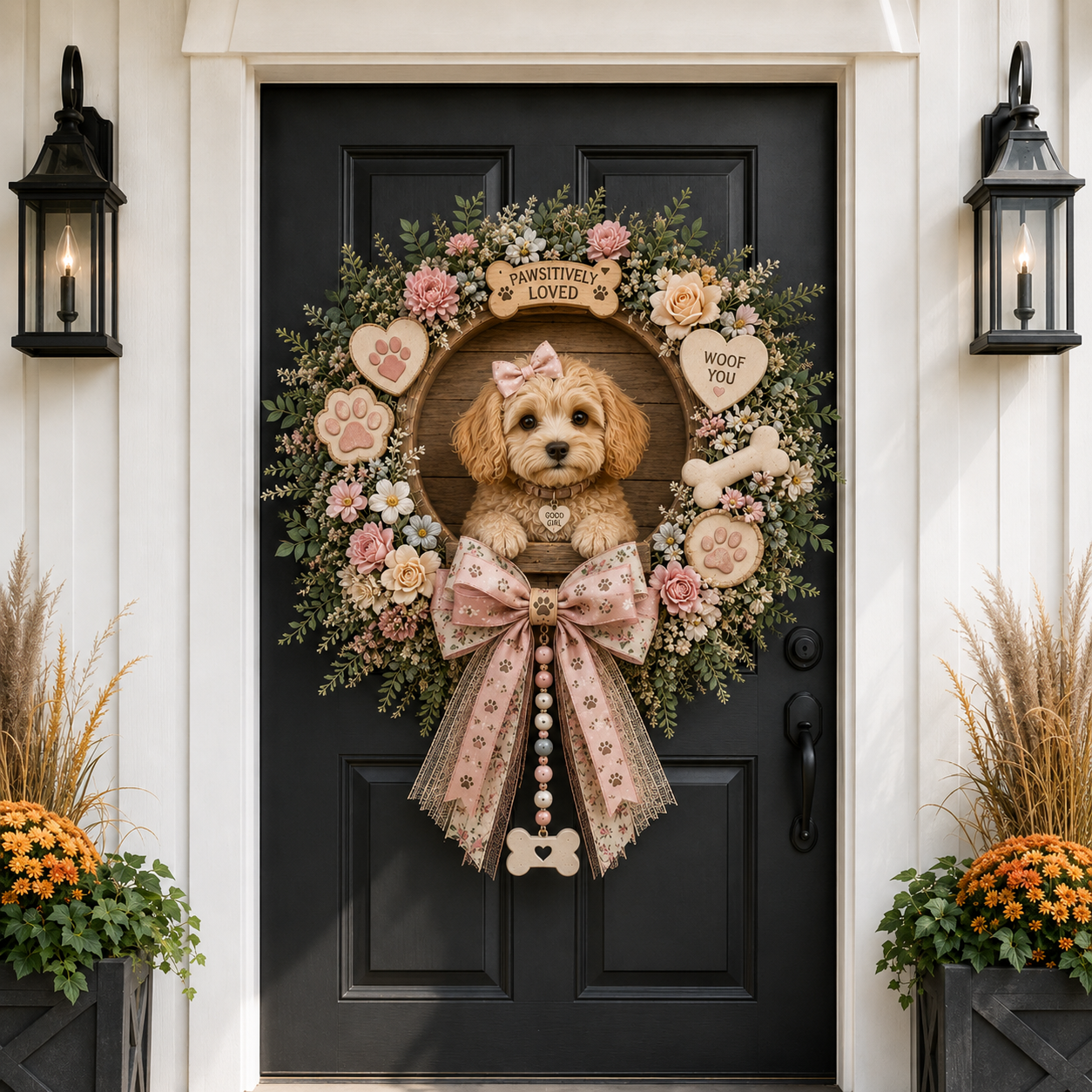 🌸🐶 Lighted Pink Floral Dog Lover Wreath