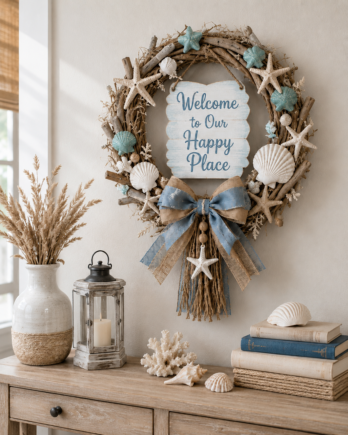 Lighted Coastal “Happy Place” Welcome Wreath