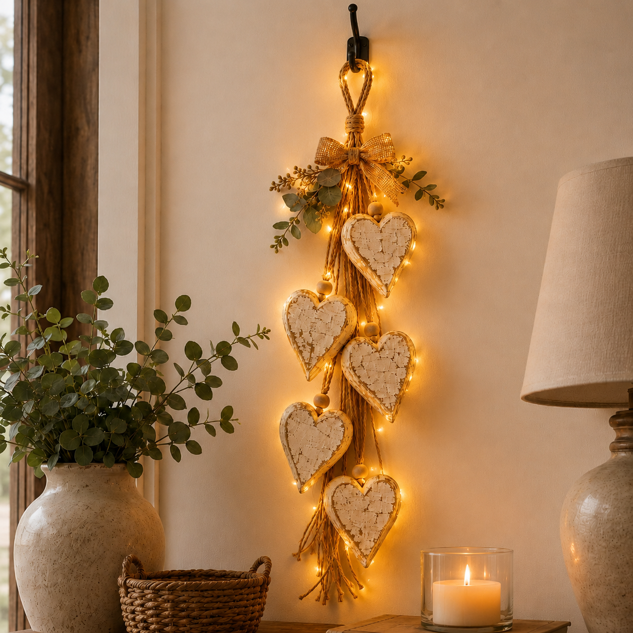 🤎 LED Hanging Heart Wall Decor – Warm Glowing Rustic Home Accent ✨