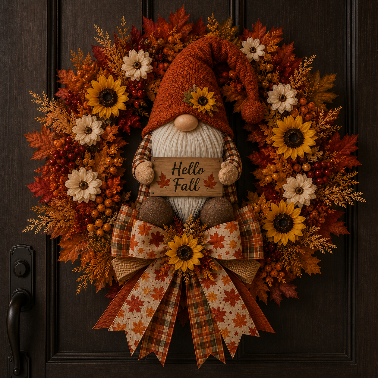 🍂Lighted Fall Gnome Wreath with Remote Control – Cozy Autumn Door & Window Decor