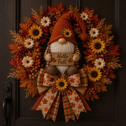 🍂Lighted Fall Gnome Wreath with Remote Control – Cozy Autumn Door & Window Decor