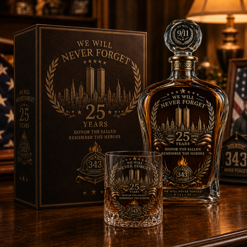 🕯️ 9/11 25th Anniversary Memorial Whiskey Decanter & Glass Gift Set – We Will Never Forget 343 Heroes Tribute