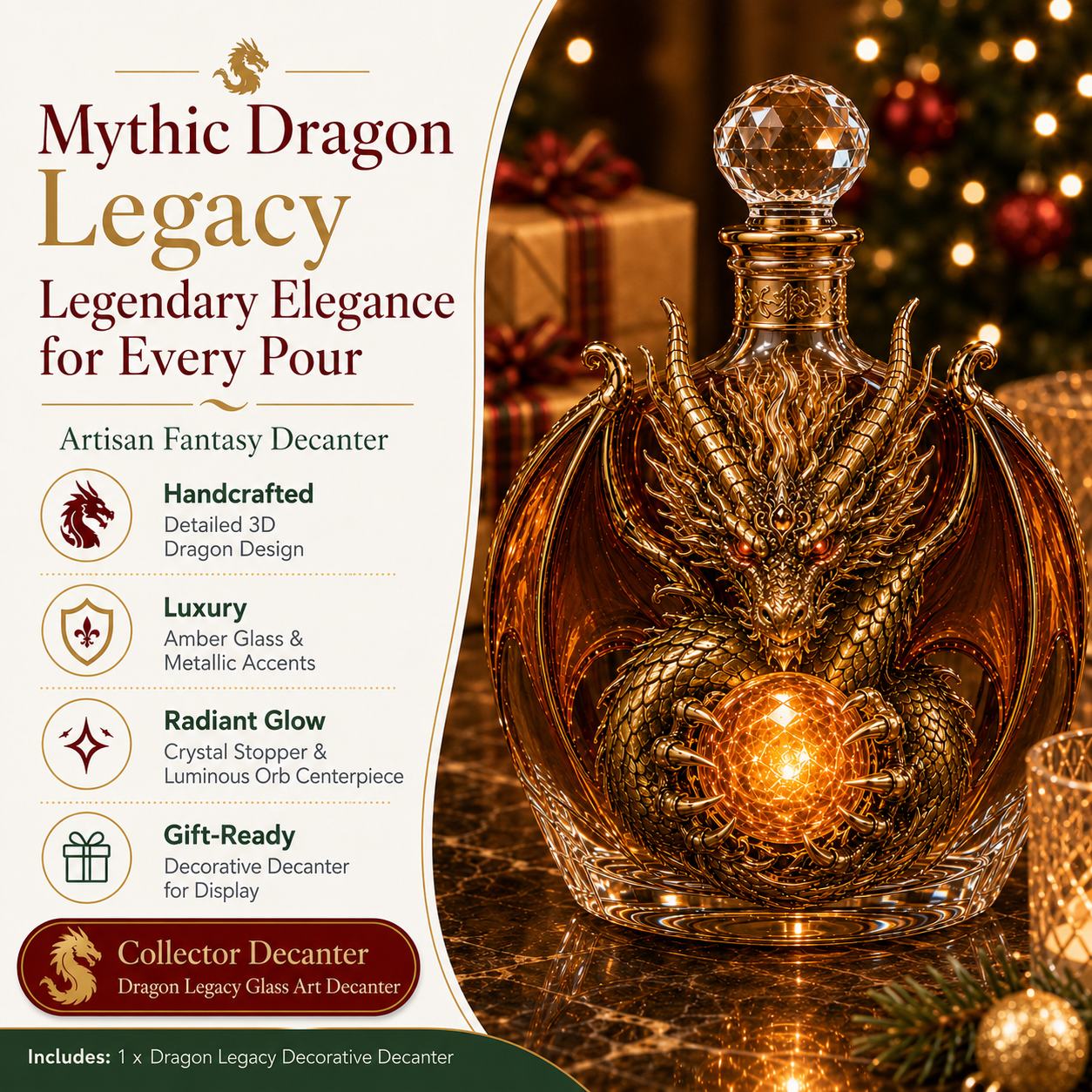 🐉 Dragon Legacy 3D Dragon Decanter & Glass Gift Set | Raised Fantasy Barware, Collector’s Display & Legendary Gift 🎁