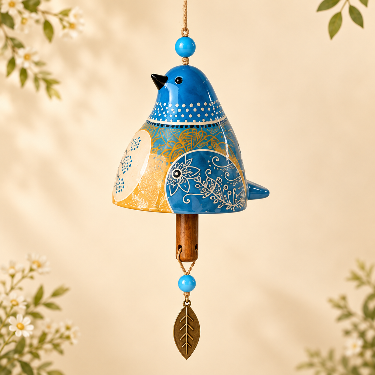 Hand-Painted Resin Bird Wind Chime, Colorful Folk Art Garden Hanging Decor
