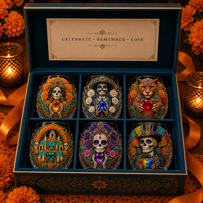 💀🌼 Día de los Muertos Crystal Glass Art Cup | Bright Raised 3D Calavera Glassware for Whiskey, Home Décor & Meaningful Gifts 🎁