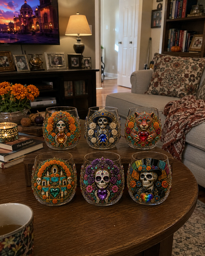 💀🌼 Día de los Muertos Crystal Glass Art Cup | Bright Raised 3D Calavera Glassware for Whiskey, Home Décor & Meaningful Gifts 🎁