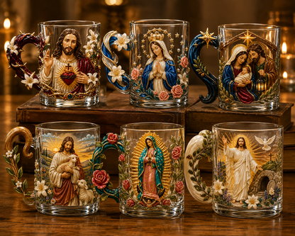 ✝️✨ 3D Sacred Faith Glass Mug | Raised Jesus & Virgin Mary Sculptural Glass Art Cup – 12 oz Christian Gift